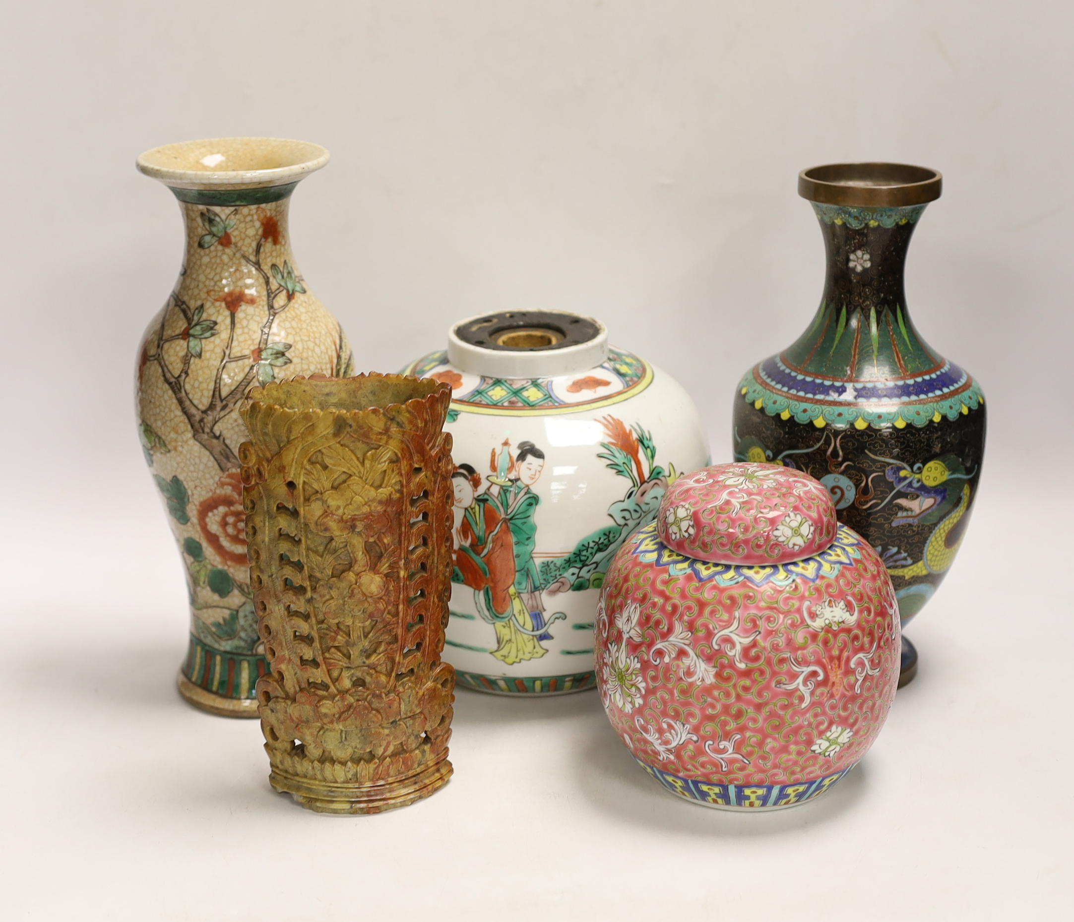 A Chinese famille verte crackle glaze vase, a jar, a cloisonné enamel dragon vase, another enamelled jar and cover and a soapstone vase, largest 25cm high